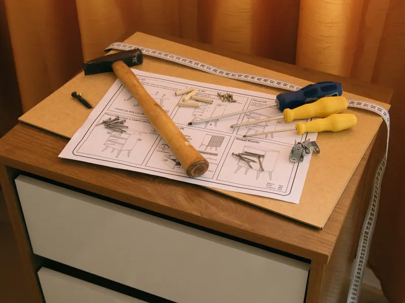 Hammer, screwdrivers, and assembly instructions laid out on a partly built dresser